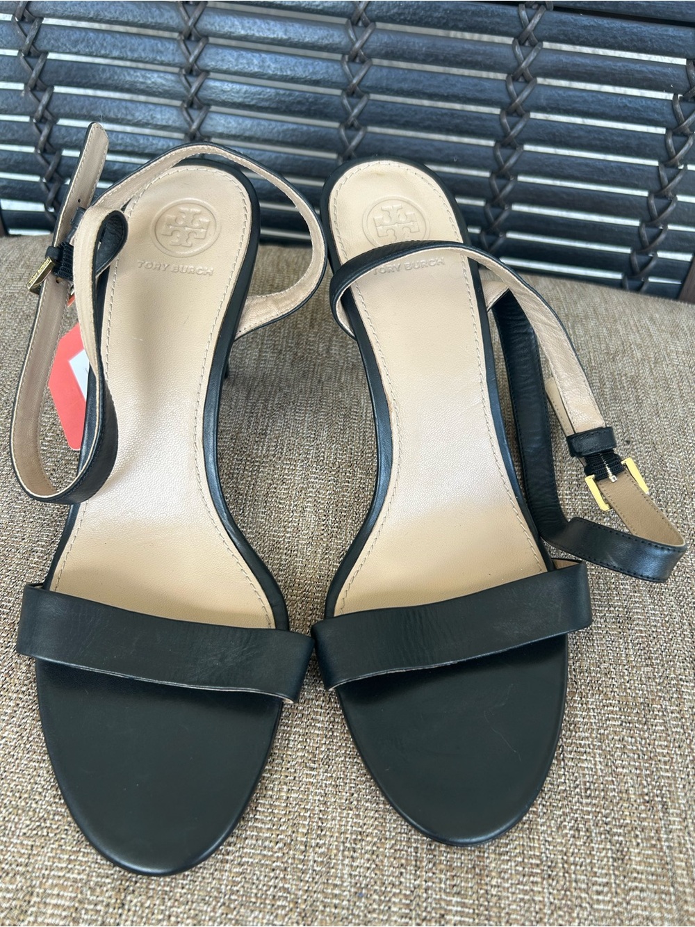 Tory Burch Black and Beige Leather Ankle-Strap Heels